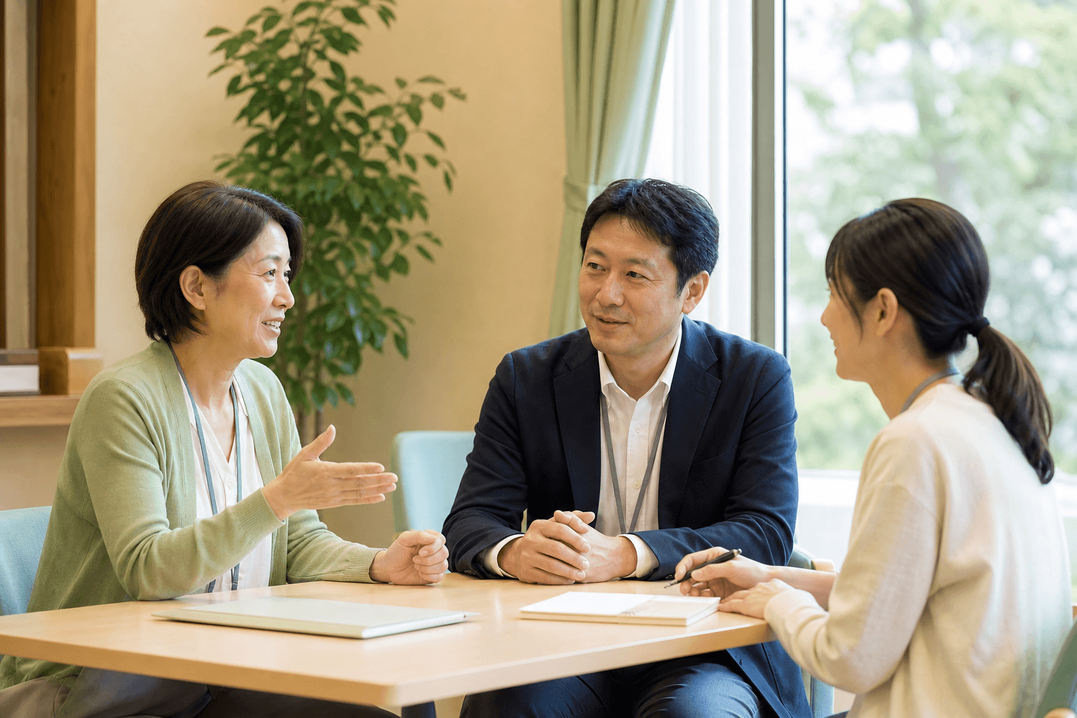 相談室で話し合う専門職のチーム